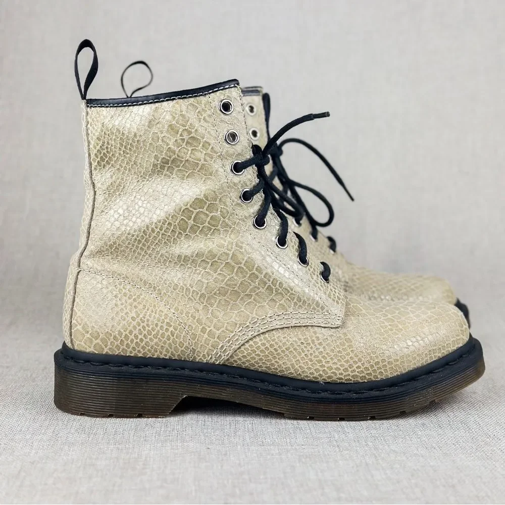 Dr. Martens Womens 1460W Tan Suede Snakeskin Combat Pascal Boots Size Women US 9 - Picture 2 of 16